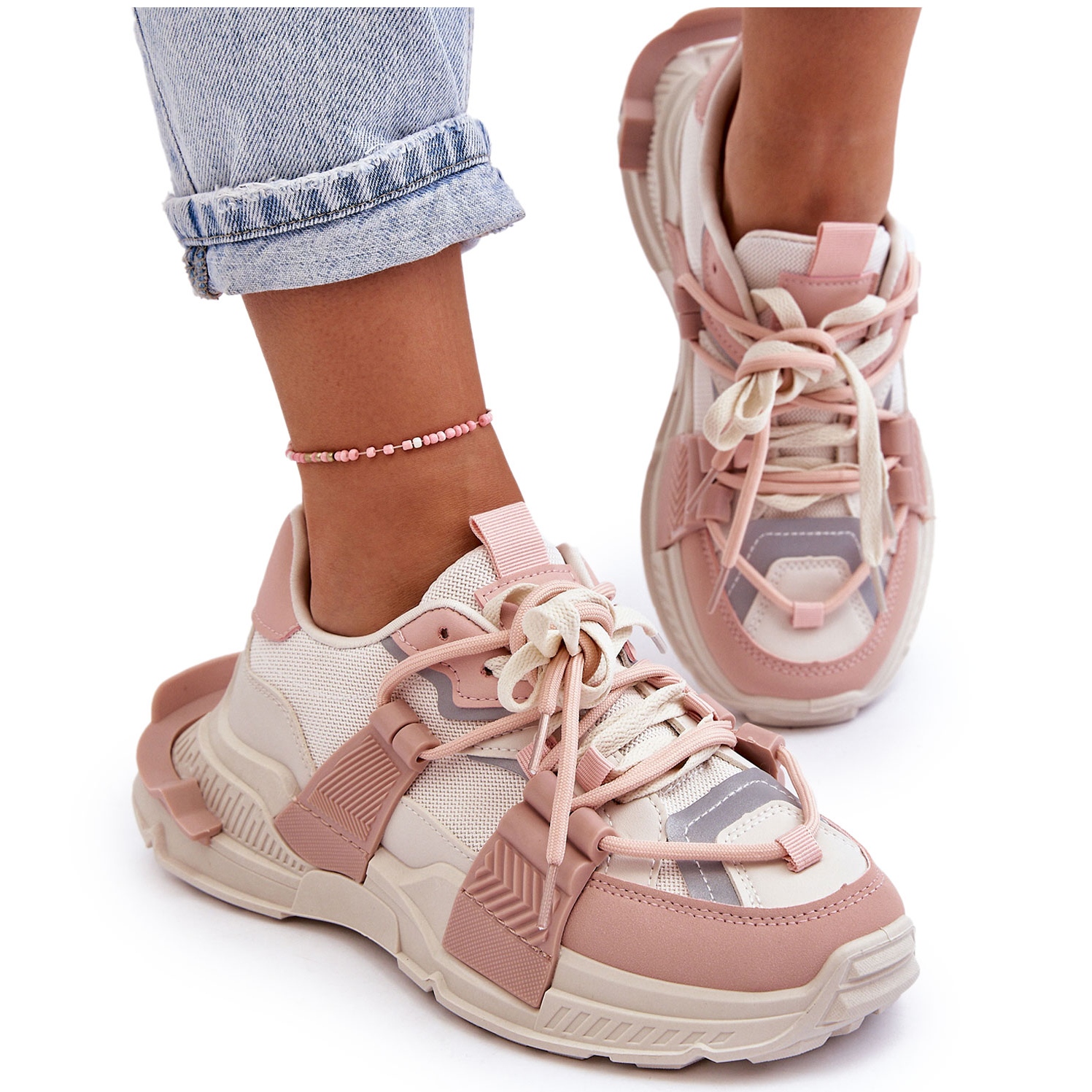 PS1 Chaussures de sport à lacets à la mode pour femmes Beige-Rose Chillout!