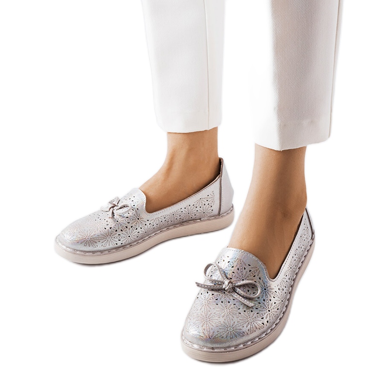 Gray glossy moccasins with an openwork pattern from Elodia grey