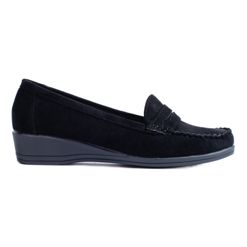 Black suede loafers with a low wedge from Shelovet