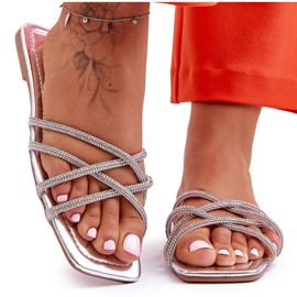 Women's Slippers With Stripes And Rhinestones Silver Leomi