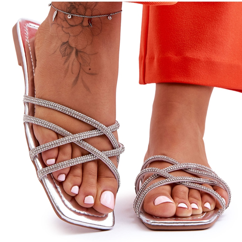 Women's Slippers With Stripes And Rhinestones Silver Leomi