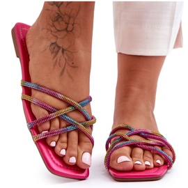 Women's Slippers With Stripes And Rhinestones Multicolor Leomi pink