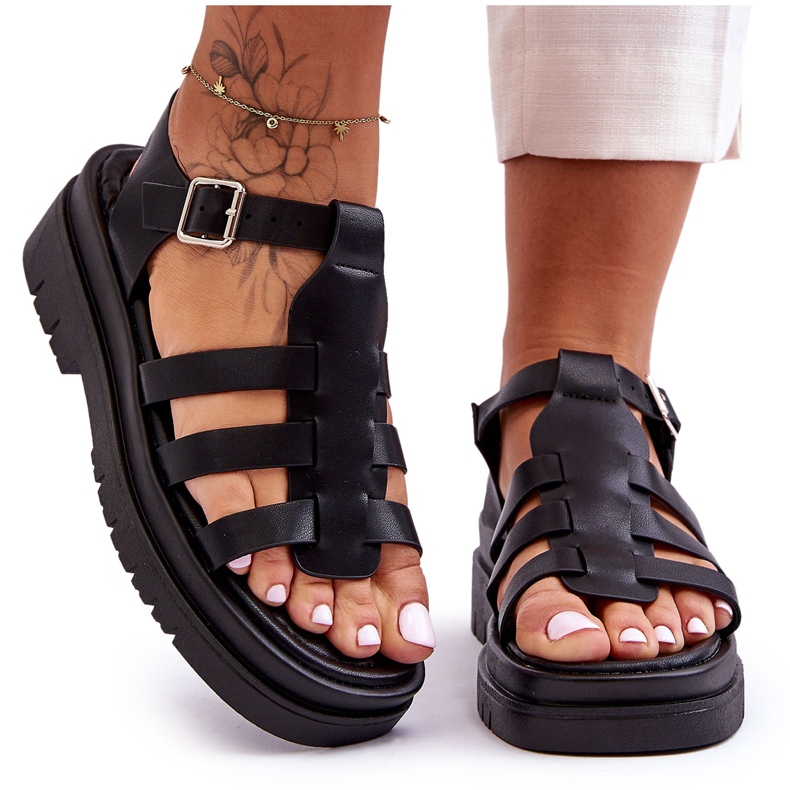 STEPHAN Leather Flat Sandals With Straps Black Diosa