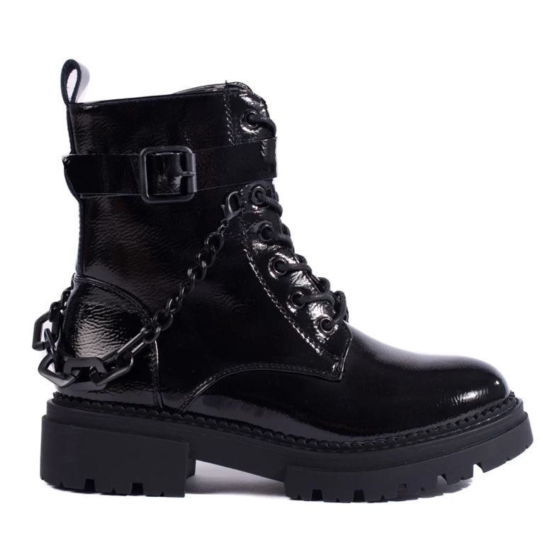 Black lacquered worker boots with Shelovet chain