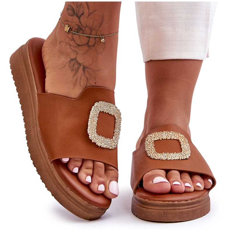 Women's Denicia Brown Platform Slippers With Decoration
