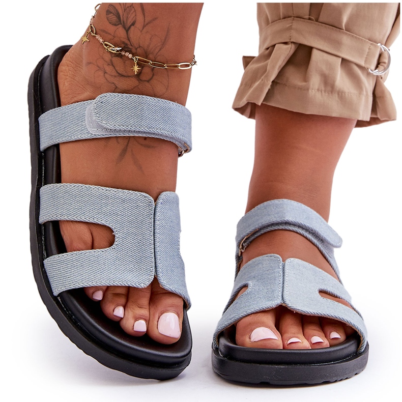 FJ1 Women's Cloth Velcro Slippers Light Blue Jose