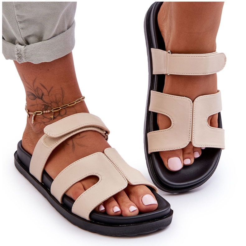 Leather Classic Women's Velcro Slippers Beige Amedon