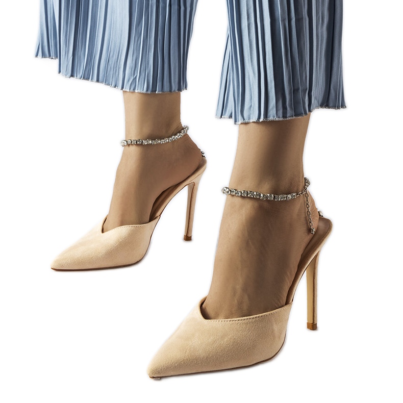 Claude beige stiletto pumps with rhinestones