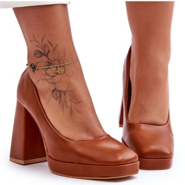 Camel Rosalia Chunky Heels Leather Pumps brown