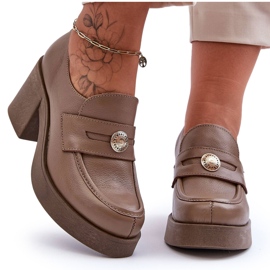 Lemar Women's Leather Shoes On Heel Dark Beige Dunadia