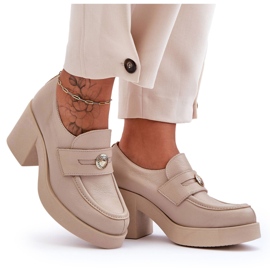 Lemar Women's Leather Shoes On Heel Beige Dunadia