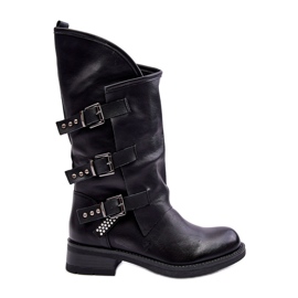 Women's Leather Flat High Heel Boots Black Nyreo
