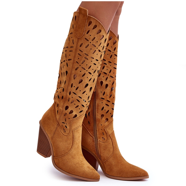 Suede Openwork Cowboy Boots Brown Nisu
