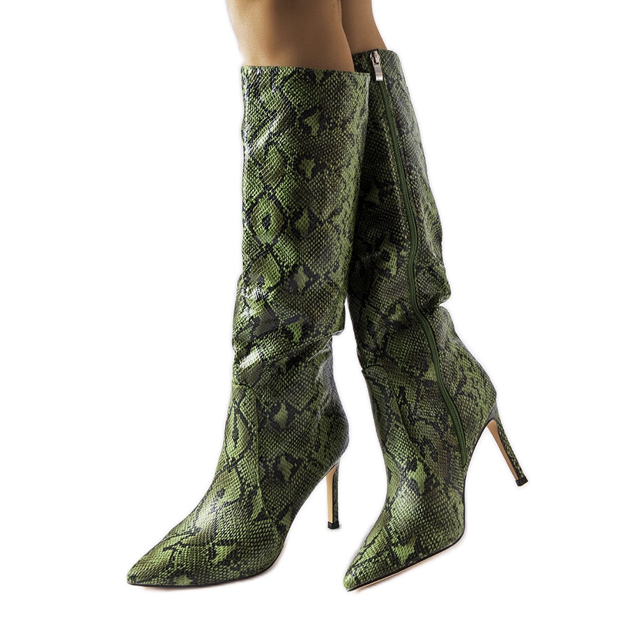Carmine green snakeskin high heel boots