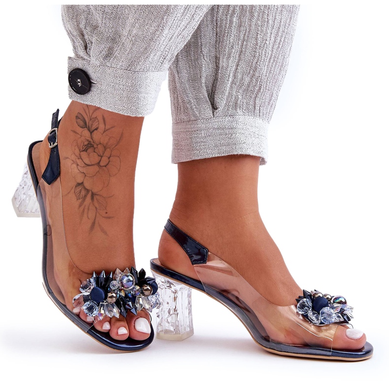 Sandals Decorated With Navy Blue Heels S.Barski MR1037-16 colorless Sandals Decorated With Navy Blue Heels S.Barski MR1037-16 colorless
