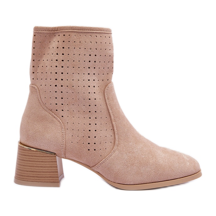 Suede Openwork High Heel Boots Beige Pearls