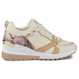 Ladies' beige lace-up shoes with a low wedge