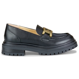 Black loafers with a gold buckle