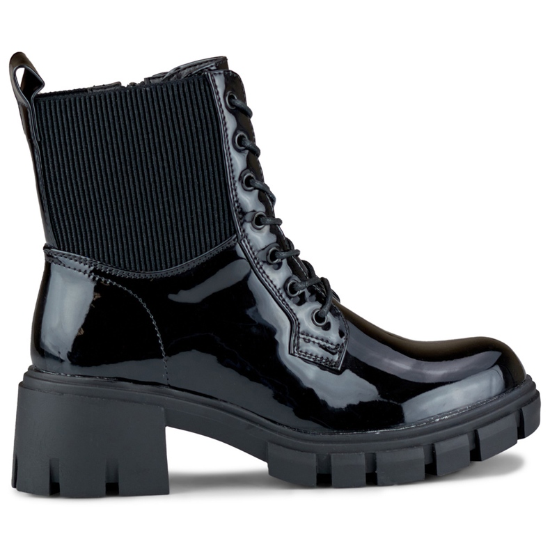 Lacquered black women's boots on the post