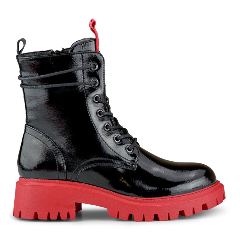 Lacquered women's black work boots with a red sole