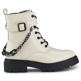 Ladies' beige lacquered worker boots with a detachable chain