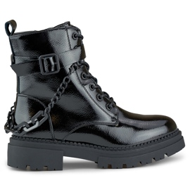 Women's black lacquered worker boots with a detachable chain