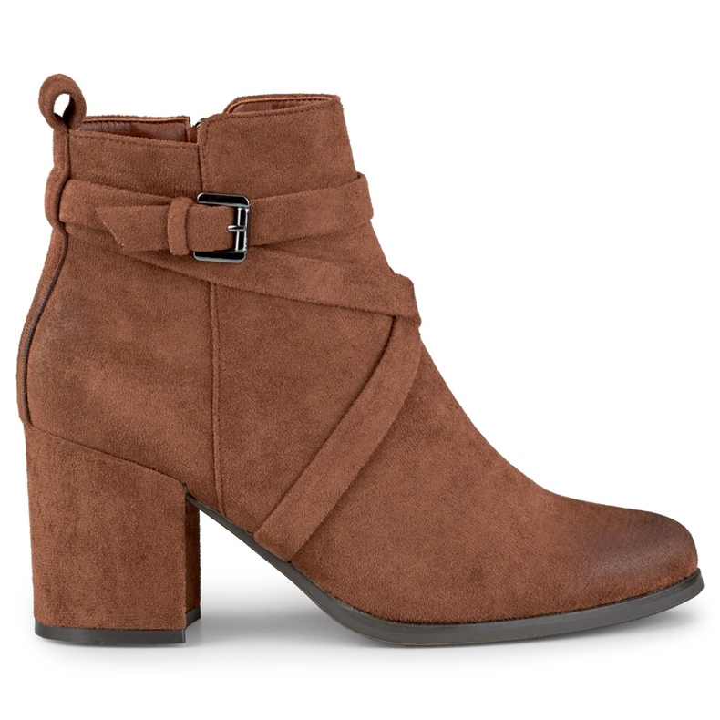 Ladies' brown boots on a post with a decorative clasp