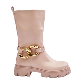 Leather Flat Heel Boots Beige Diominna