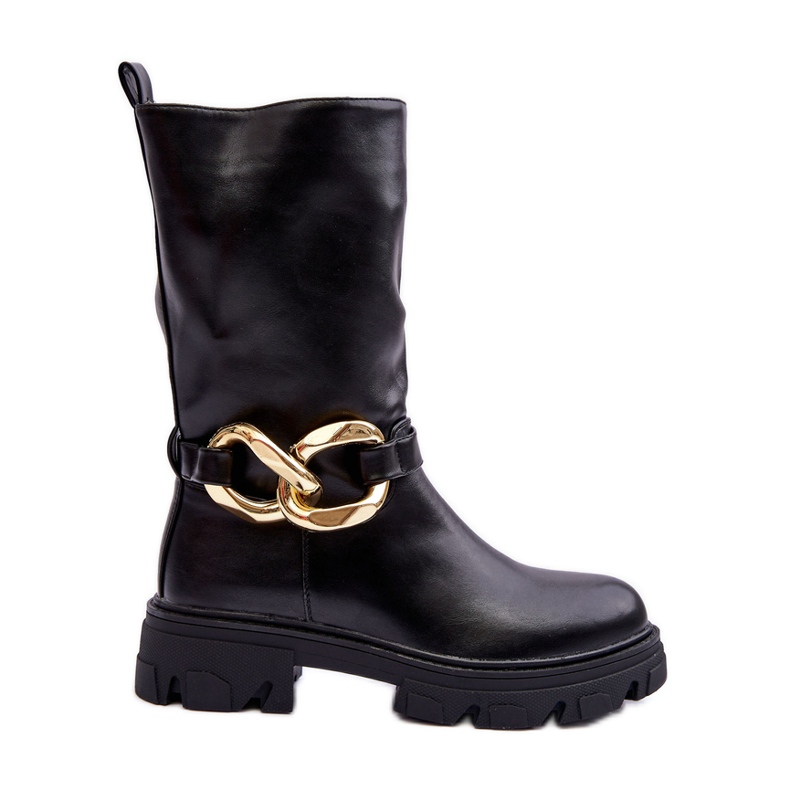 Leather Flat Heel Boots Black Diominna