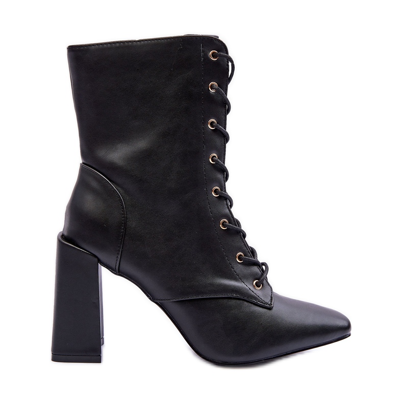 Black Divani Leather Boots On Heel Lace Up