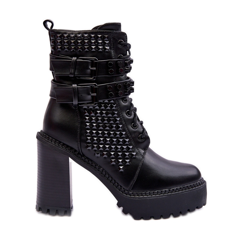 Leather Chunky High Heel Boots Black Cadabra Studs