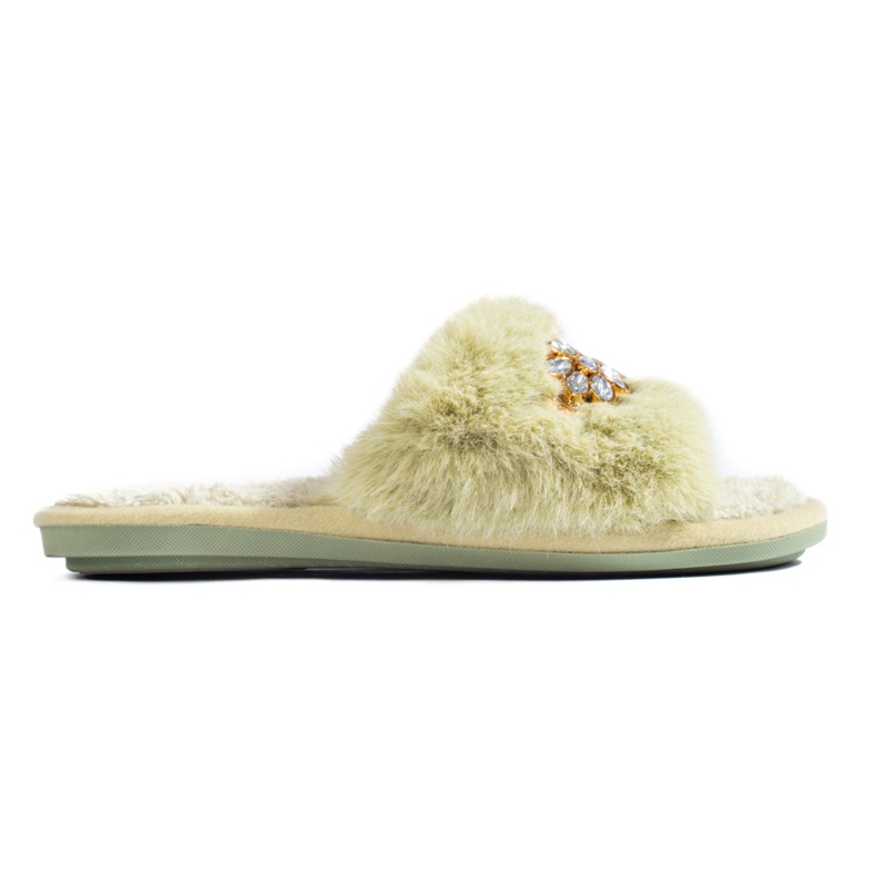 Olive slippers with fur and crystals from Shelovet green