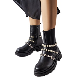 Black ankle boots decorated with Callicratide pearls Black ankle boots decorated with Callicratide pearls