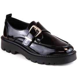 Black lacquered women's shoes with a buckle Vinceza 58184