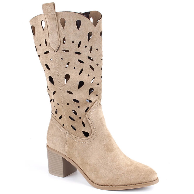 M. DASZYŃSKI Women's warm openwork cowboy boots beige M.Daszyński MR2337-3