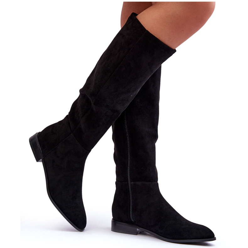 Suede Flat Heel Boots Black Eelin