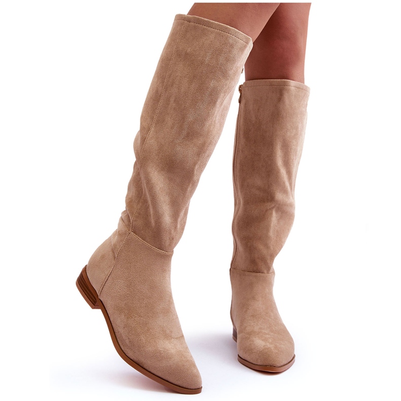 PA1 Suede Flat Heel Boots Beige Eelin PA1 Suede Flat Heel Boots Beige Eelin