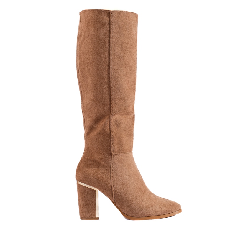 Brown elegant suede high-heeled boots from Shelovet beige