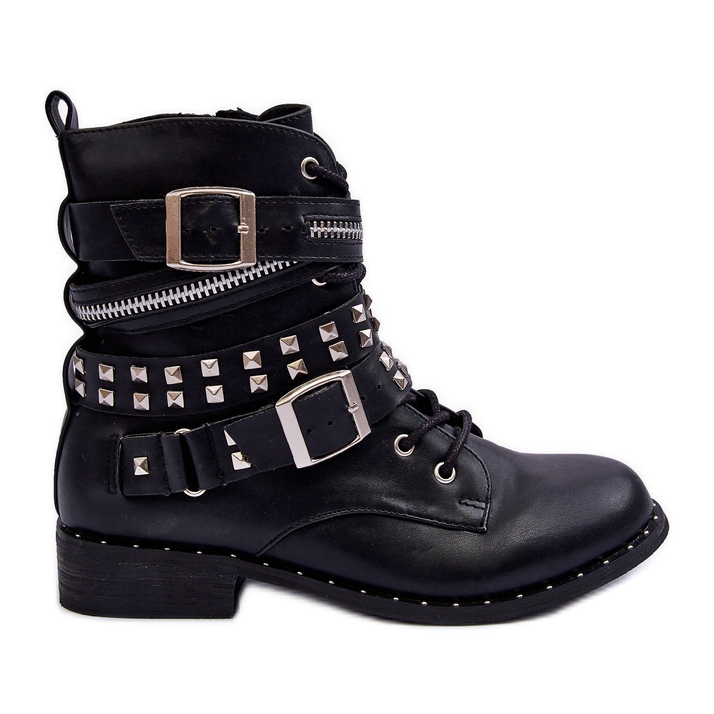 LU BOO Children's Ankle Boots With Studs, Zipper, and Buckles, Black