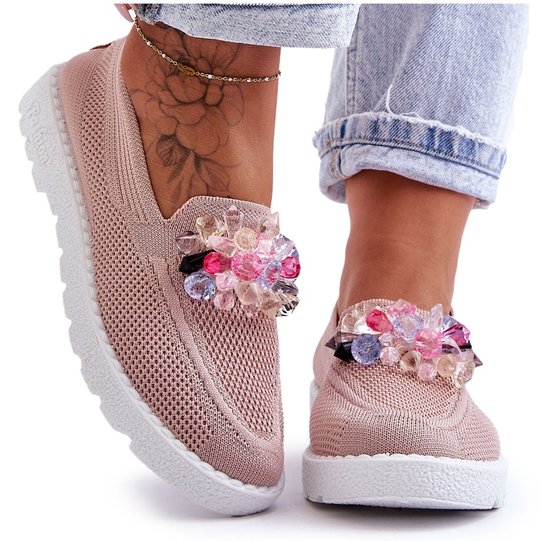 Women's Slip-On Sneakers With Decoration, Pink