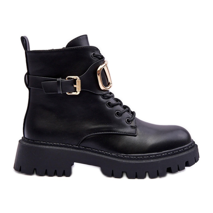 Women's Leather Worker Boots With Decoration, Black Lalede