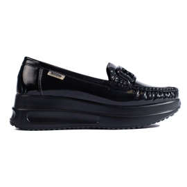 Women's black patent loafers with a Shelovet buckle