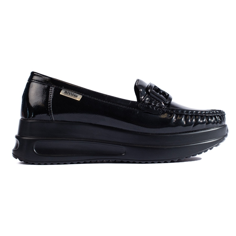 Women's black patent loafers with a Shelovet buckle