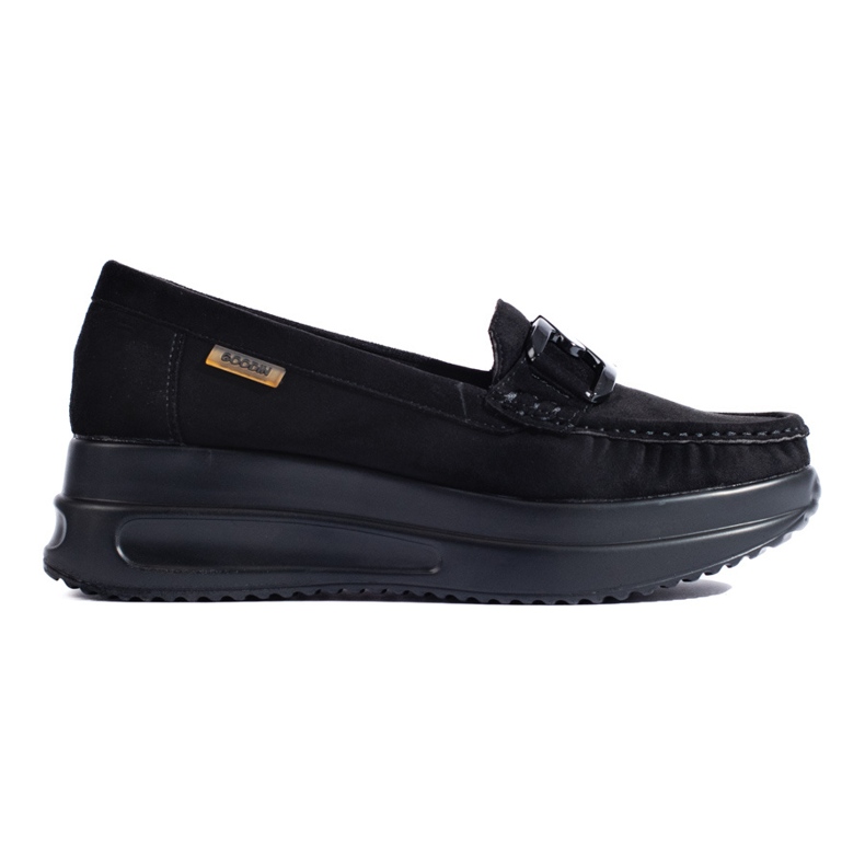 Women's black suede moccasins with a Shelovet buckle