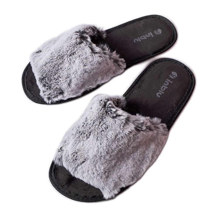 Inblu Giacomo black slippers with gray fur grey