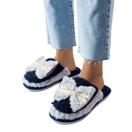 Navy blue and gray slippers with a bow