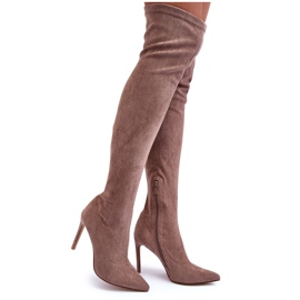 Beige Calfi suede over-the-knee boots with a high heel