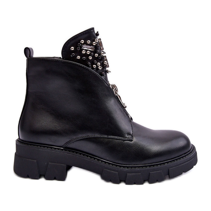 Low Decorated Leather Ankle Boots With Zipper Black Escika
