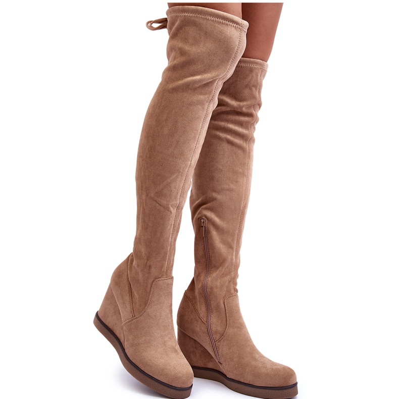 Beige Mephal suede over-the-knee boots with wedges