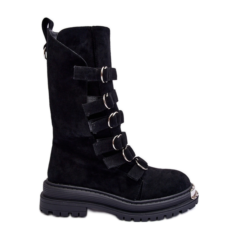 Suede High Worker Ankle Boots With Straps Black Elnatea